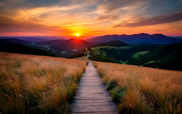 Une image de paysage avec des collines et un coucher de soleil a généré
