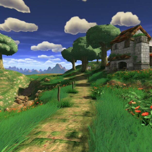 Photo une image de paysage de dessin animé avec une route de terre et une maison au loin ai a généré de l'art