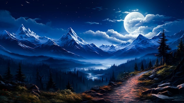 Image d'un paysage de montagne avec un chemin menant à la pleine lune IA générative