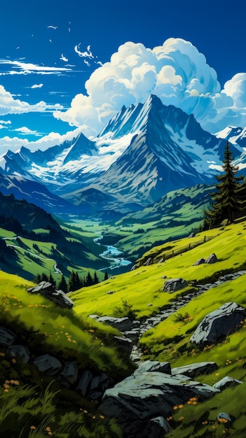Image d'un paysage de montagne avec vallée et arbres IA générative