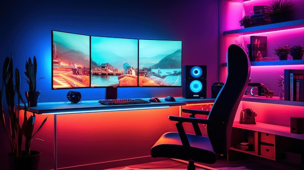 image d'un PC de configuration de jeu sur un bureau éclairé par un fond d'éclairage au néon RGB