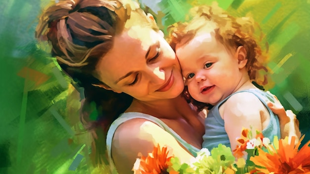 Image peinte d'une jeune mère tenant sa fille dans les bras parentalité fête des mères AI générée