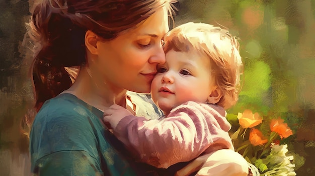 Image peinte d'une jeune mère tenant son fils dans ses bras parentalité fête des mères AI générée
