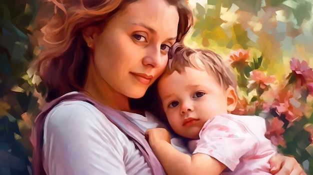 Image peinte d'une jeune mère tenant son fils dans ses bras parentalité fête des mères AI générée