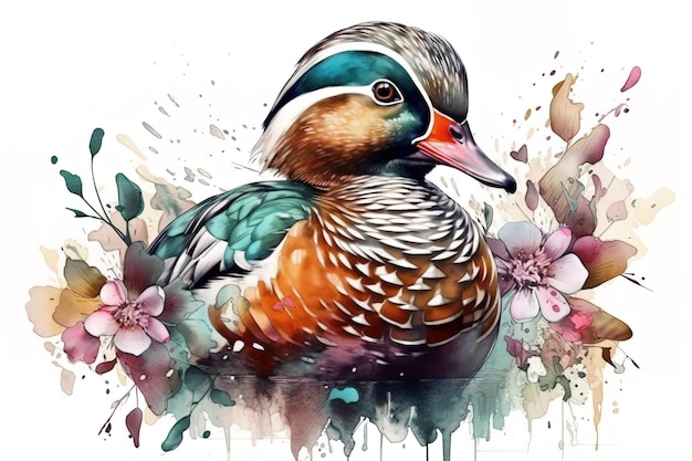 Image de peinture canard mandarin avec des fleurs tropicales colorées faune Illustration animale AI générative