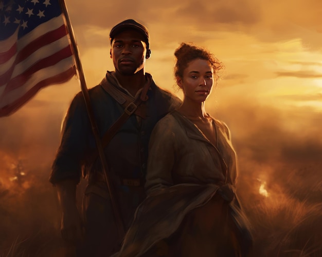 Une image de la peinture d'un couple d'hommes et de femmes afro-américains avec un drapeau américain sur le terrain