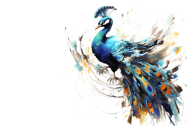 Image de peinture paon sur fond blanc Oiseau Faune Animaux Illustration Générative AI