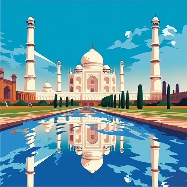 une image d'une peinture d'un Taj Mahal avec un reflet dans l'eau générative ai