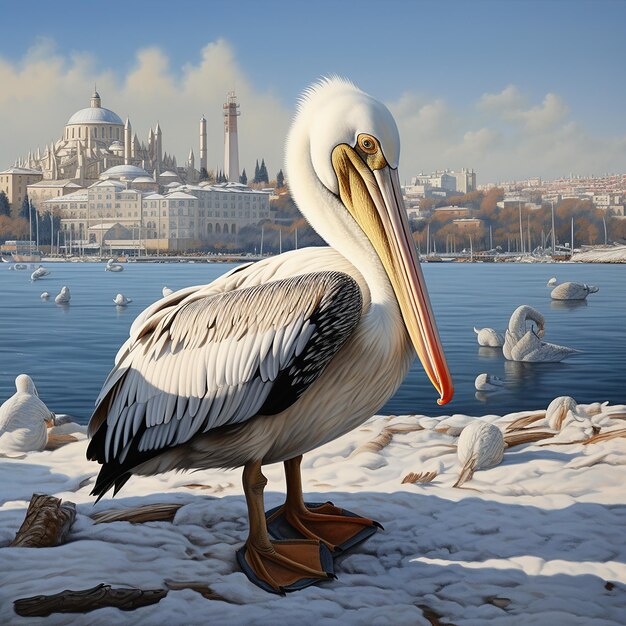 image d'un pélican blanc américain en hiver à Istanbul