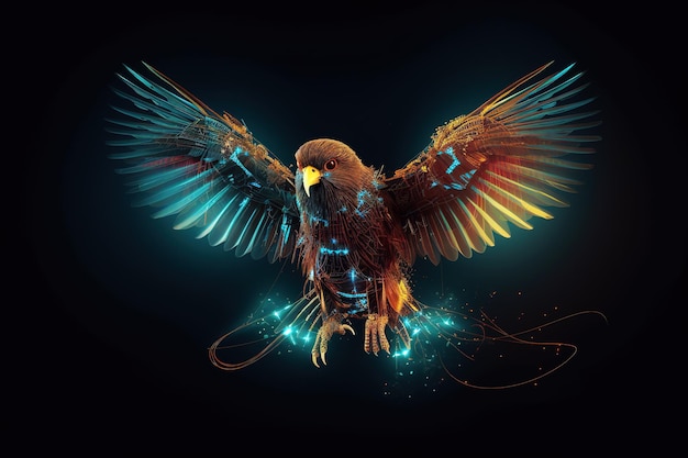 Image de perroquet coloré déployant des ailes sur fond noir Oiseaux Animaux sauvages Illustration Generative AI