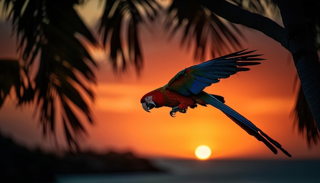 Photo image avec le perroquet volant au-dessus des tons orange doré du coucher de soleil