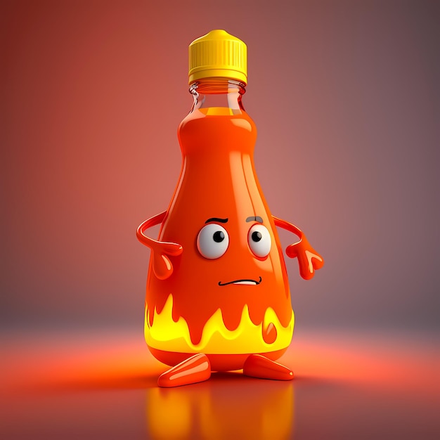 Image de personnage de bouteille de sauce piquante enflammée 3D réaliste IA générative