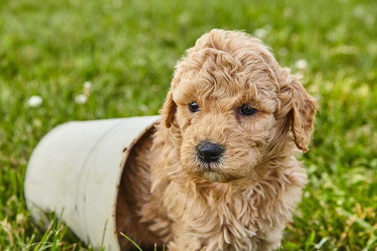 Photo image de petit pot avec chiot goldendoodle assis à l'intérieur