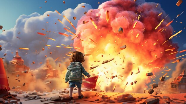 Photo l'image d'une petite fille debout devant une énorme explosion générative ai