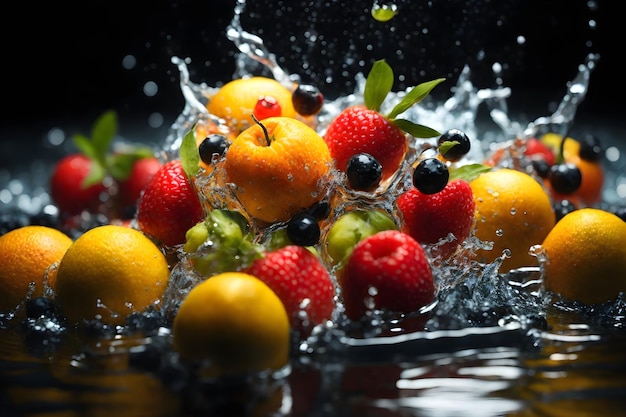 une image photo réaliste d'un groupe de fruits éclaboussés dans l'eau