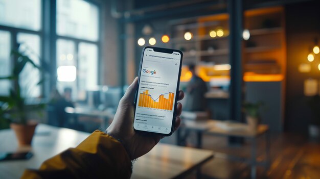 Une image photographique d'une main tenant un écran de smartphone montrant un graphique à lignes élevées et