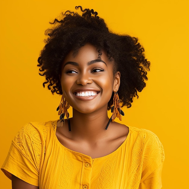 Photo image photoréaliste d'une belle femme afro-américaine à la peau foncée sur un fond jaune