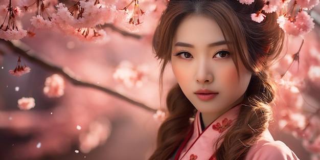 image photoréaliste d'une belle fille japonaise parmi les fleurs de cerisier publicité de cosmétiques