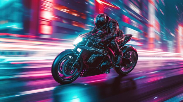 Une image photoréaliste d'un cyberpunk sur une moto élégante