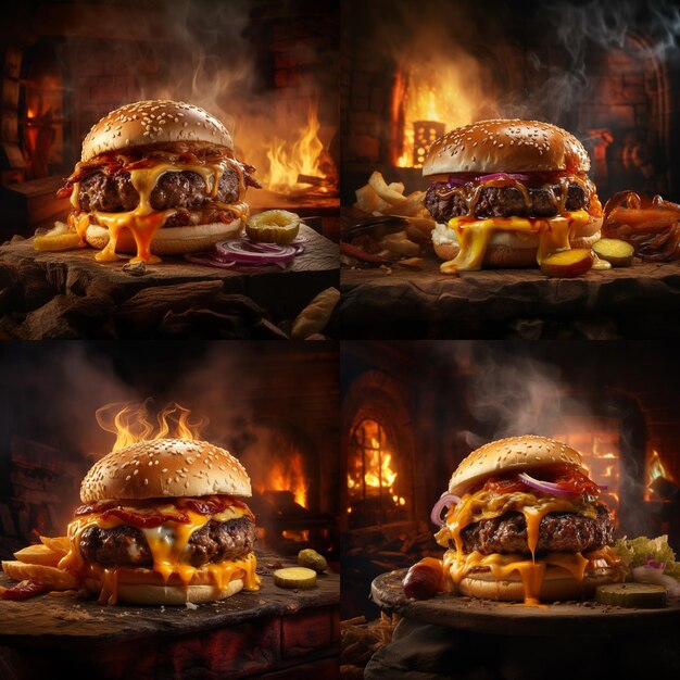 Image photoréaliste d'un double cheeseburger chaud torride sur une planche de bois avec du cheddar