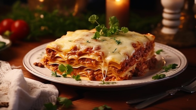 Image photoréaliste d'une lasagne faite maison sur une assiette blanche