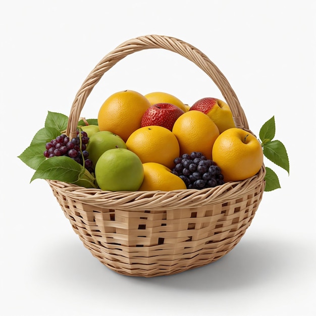 image photoréaliste d'un panier de fruits sur un fond blanc