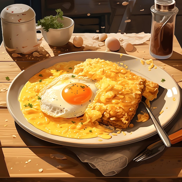 image photoréaliste d'un petit-déjeuner dans un café avec des œufs brouillés
