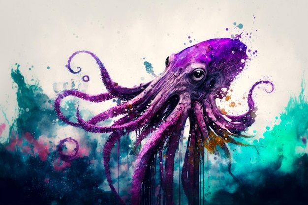Image d'une pieuvre violette flottant dans l'eau entourée de bulles et de bulles AI générative