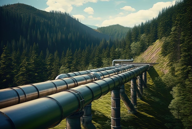 une image d'un pipeline brut et d'une forêt dans le style de rollerwave