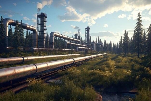 une image d'un pipeline brut et d'une forêt dans le style de rollerwave