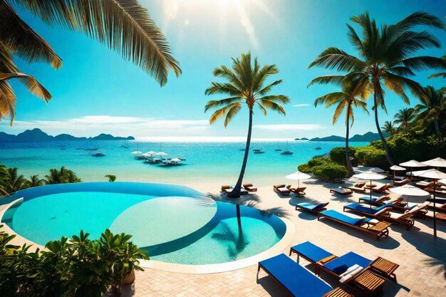 Photo une image d'une piscine avec des palmiers et un ciel bleu