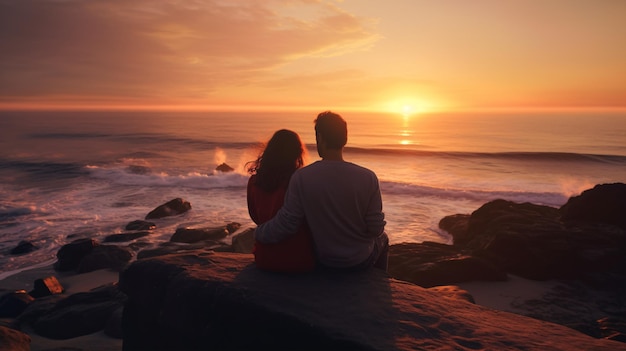 Une image pittoresque de joie bénie alors que deux personnes s'embrassent tout en admirant le lever du soleil sur la mer
