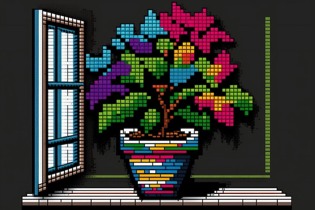 Photo une image pixel art d'une plante en pot à côté d'une fenêtre.