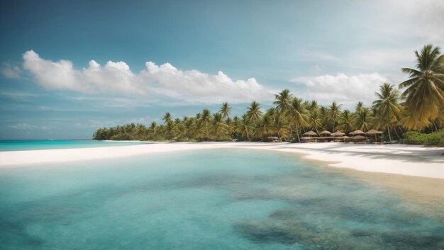 Une image d'une plage sereine avec des eaux et des palmiers capturant l'essence de la relaxation