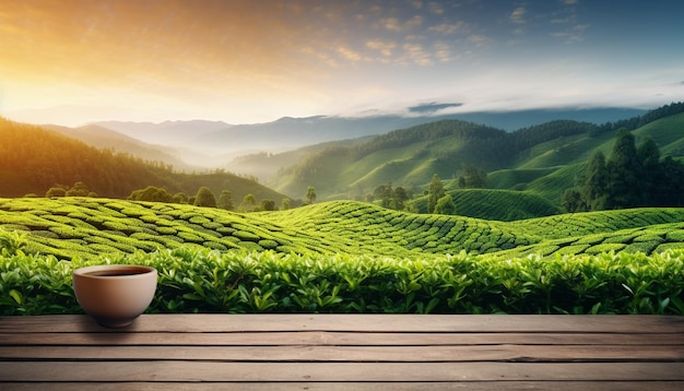 une image d'une plantation de thé avec une vue sur la vallée et une plantation de tea à l'arrière-plan