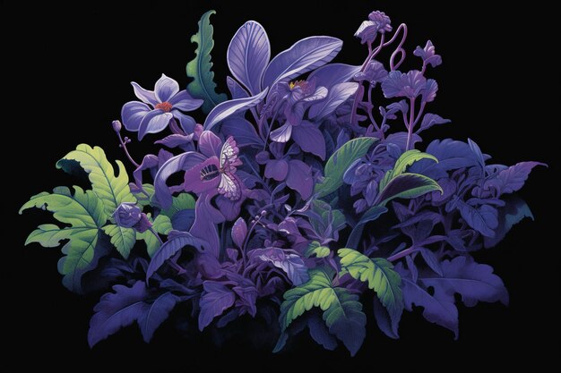 une image de plusieurs fleurs en violet et quelques feuilles en vert