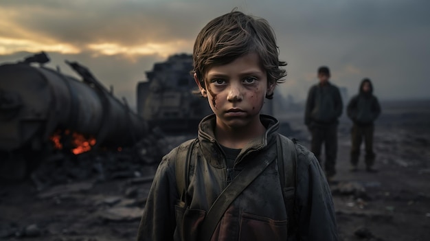 Une image poignante d'un petit enfant migrant illustrant le bilan émotionnel de la guerre et la résilience des jeunes survivants