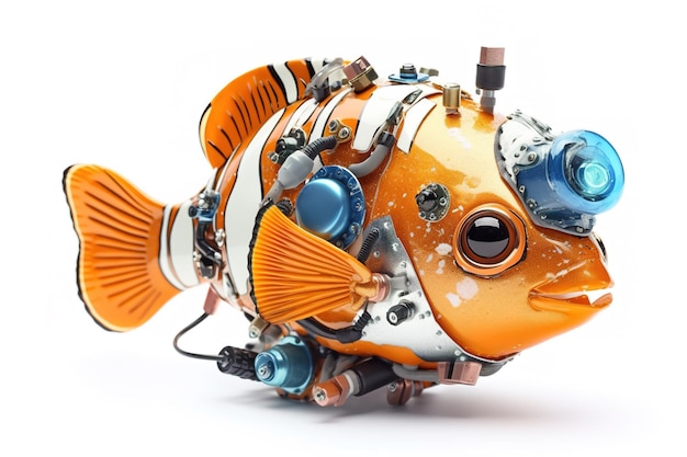 Image d'un poisson clown modifié en robot électronique sur fond blanc Illustration d'animaux marins IA générative