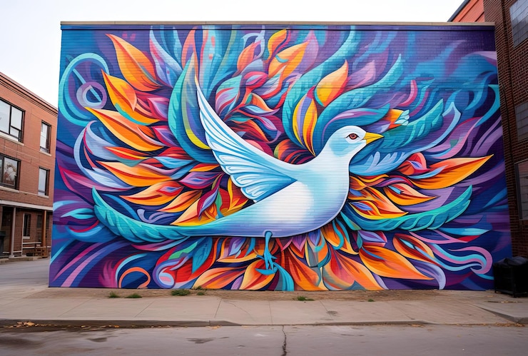 Photo une image polaroid colorée d'une colombe blanche peinte sur un bâtiment dans le style de graffitis ludiques