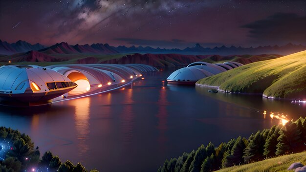 Une image d'un pont avec des lumières dans le style spatial