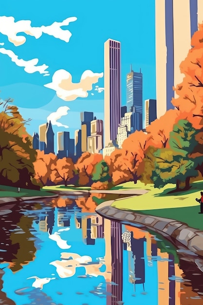 Cette image pop art de Central Park dépeint la liberté et les loisirs Generative AI