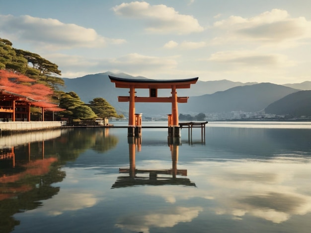 Photo une image d'une porte torii en face d'un lac avec des montagnes en arrière-plan