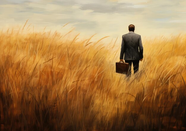 Photo une image postimpressionniste d'un banquier marchant dans un champ d'herbes hautes avec une mallette dans