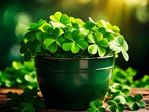 Image d'un pot de trèfles sur un fond flou de nature verte