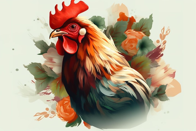 Image d'un poulet entouré de fleurs tropicales colorées Animaux de ferme Illustration IA générative
