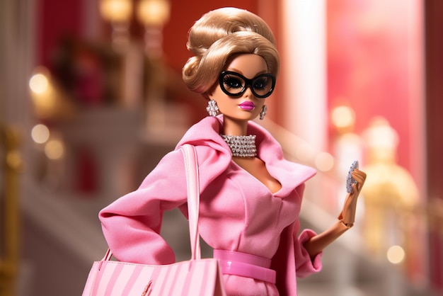 Photo une image d'une poupée barbie en chemise rose et lunettes de soleil dans le style luxueux