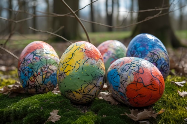 L'image présente une collection vibrante et colorée d'œufs de Pâques disposés dans un panier tressé. créé avec la technologie Generative AI