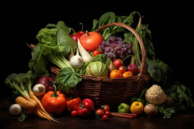 Cette image présente un panier abondant rempli à ras bord d'une grande variété de légumes frais, vibrants et sains. Un panier débordant de légumes frais biologiques générés par l'IA.