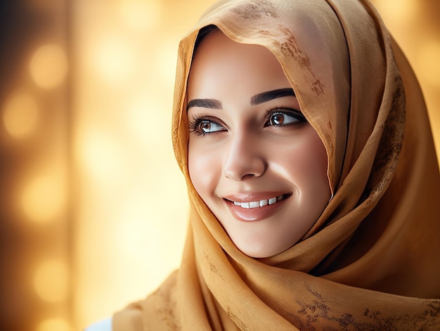 L'image présente un portrait en gros plan d'une femme musulmane souriante portant un hijab. Son visage est le point focal, exhalant de la chaleur et du bonheur. Le hijab qu'elle porte est magnifiquement stylé et complète h