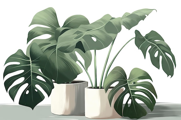 Image propre d'une grande plante d'intérieur à feuilles Monstera deliciosa dans un pot gris sur fond blanc